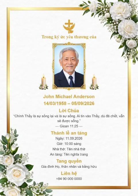 Thiệp tang lễ nền trắng với khung viền vàng, lá xanh, hoa trắng, ảnh chân dung người đã khuất ở giữa, nến và thánh giá vàng.