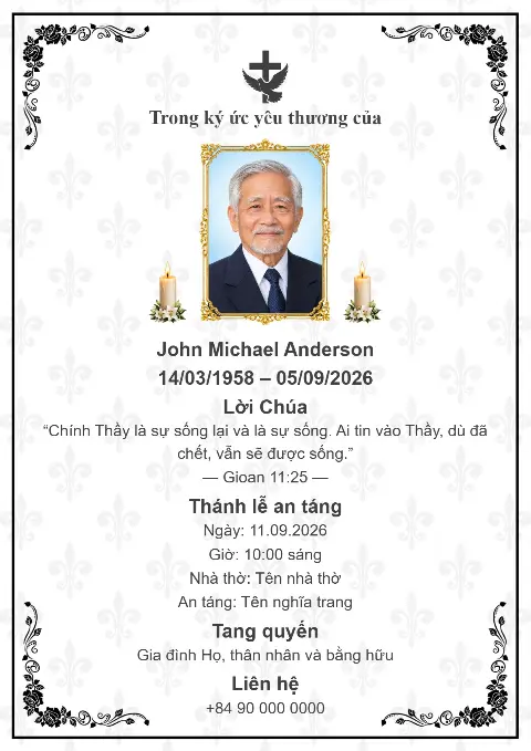 Thiệp tang lễ nền trắng với họa tiết hoa xám nhẹ nhàng, khung viền đen tinh xảo, ảnh chân dung chính giữa, nến và thánh giá.