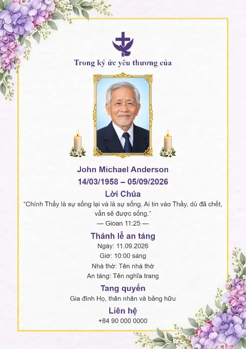 Thiệp tang lễ nền trắng với viền vàng mảnh, hoa tím ở hai góc phía dưới, ảnh chân dung ở giữa và nến tưởng niệm.